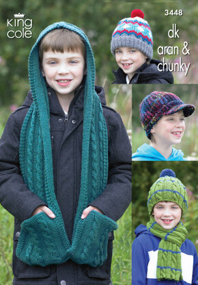 Boy's Hats, Scarf & Hooded Scarf in King Cole DK, Aran and Chunky - 3448