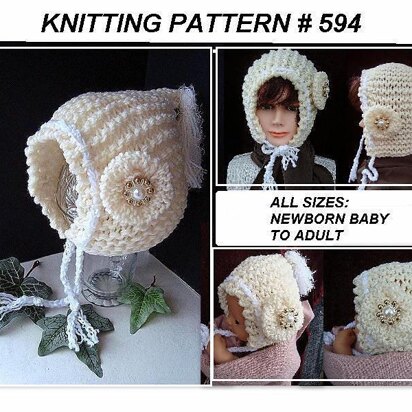 594 KNITTING pattern, hood, bonnet, and flower