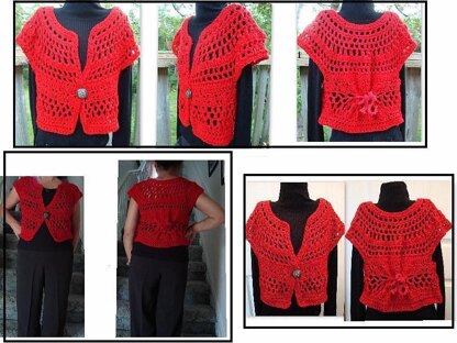 717 RED CROCHET SHRUG, SMALL TO PLUS SIZE