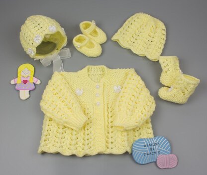 Evie baby knitting pattern matinee coat, bonnet, shoes/booties