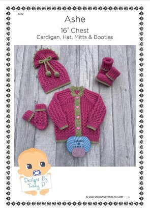 Ashe Baby cardigan, hat, booties & mitts knitting pattern newborn 16 inch chest.