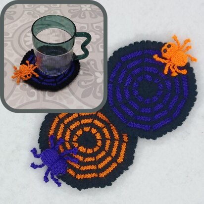 PDF Halloween Knitting Pattern DK Coasters Coffee Tea Gift Set Charity EASY Spooky Spider Web Autumn Fall Winter