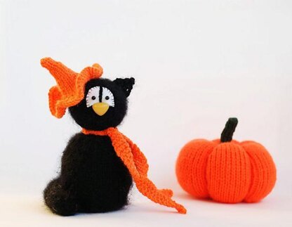 Black Cat in the orange Hat - halloween knitting pattern (knitted round)