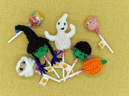 PDF Halloween Knitting Pattern DK Lollipop Hats Decoration Gift Charity knit EASY Chupa-Chups Witch Pumpkin Frankenstein Sweet Sucker Savers