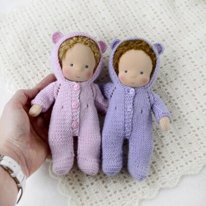 Knitted hooded jumpsuit for 7"/18 cm doll