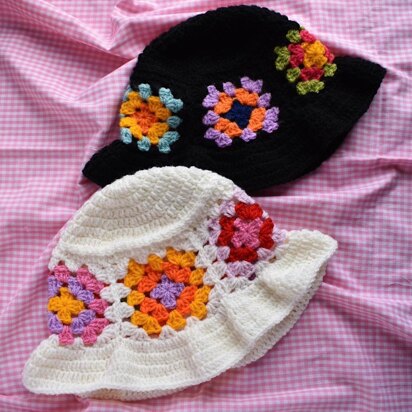 Crocheted granny squares floppy hat