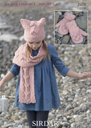 Girl’s T-Bag Hat, Scarf & Mittens in Sirdar Supersoft Aran - 2428
