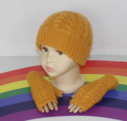 Toddler Child Aran Alternate Cable Beanie Glovess