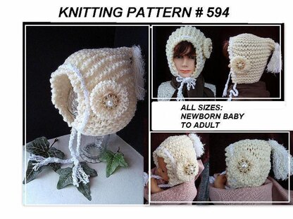 594 KNITTING pattern, hood, bonnet, and flower