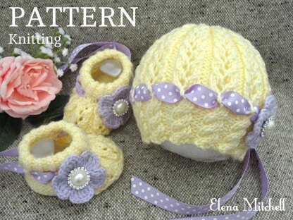 Knitting PATTERN Baby Shoes Baby Cap Baby Set with Satin ribbon