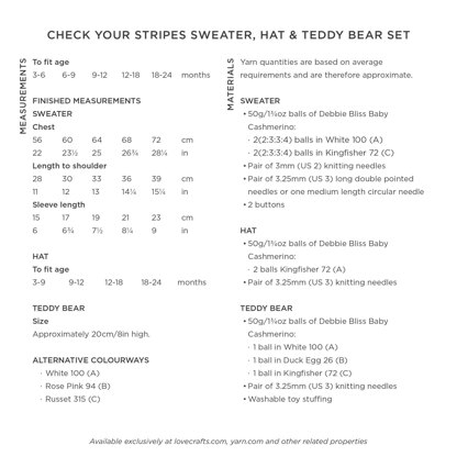 Check Your Stripes Sweater, Teddy Bear & Hat Set - Free Layette Knitting Pattern in Debbie Bliss Baby Cashmerino
