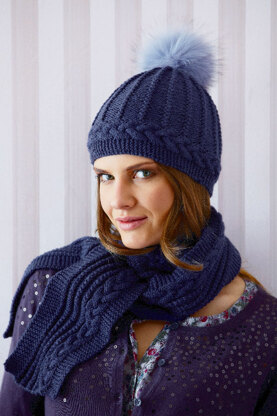 Cable Scarf and Hat with Fur Pompom in Schachenmayr Universa - S7548