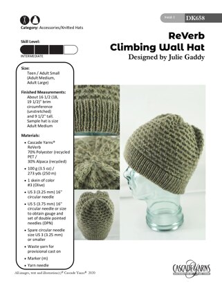 Climbing Wall Hat in Cascade Yarns ReVerb - DK658 - Downloadable PDF