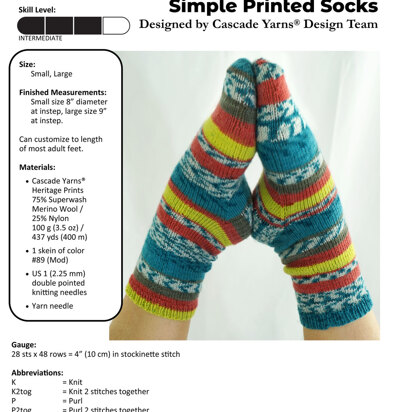 Simple Printed Socks in Cascade Yarns Heritage Prints - FW269 - Downloadable PDF