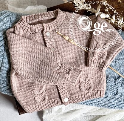 Round neck raglan sleeve cardi with cabled owls - P079