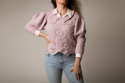 Manyko Granny Hexagon Sweater with Puff-Shoulder Sleeves and V-Neck