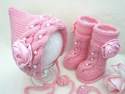 Pattern Knitting Baby Set Girl Newborn Hat and Uggs