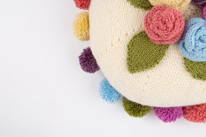 Round Shabby chic floral cushion with pom poms
