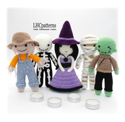 Crochet Pattern: Halloween Characters – Scarecrow, Skeleton, Witch, Mummy and Zombie Crochet Dolls (English)