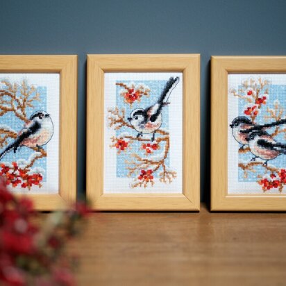 Vervaco Long-tailed Tits & Red Berry Minature Cross Stitch Kits (3 pcs) - 8cm x 12cm