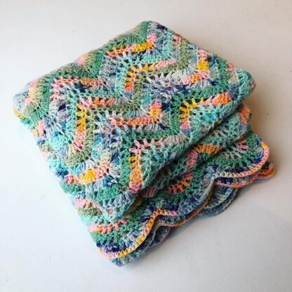 Crochet Baby Blanket, Hand Made, Feather Design, Variegated Yarn 