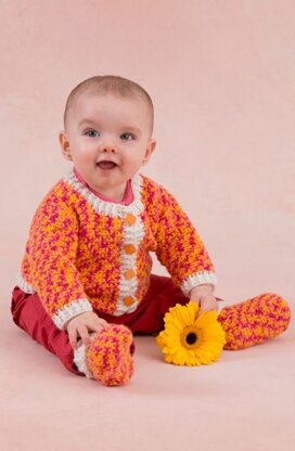 Happy Girl Cardigan and Booties in Red Heart Anne Geddes Baby - LW3426