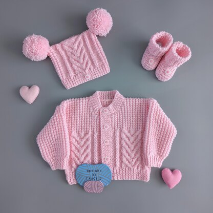 Suzy Cardigan, Hat & Booties 18 inch chest Baby Knitting Pattern