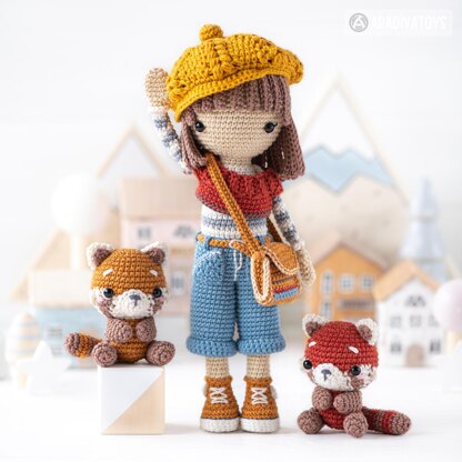 Crochet doll pattern amigurumi Kimberly doll with red panda Roxy by AradiyaToys beret tutorial PDF file handmade DIY dolls crochet patterns by AradiyaToys (Olka Novytska)