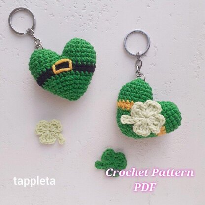 Heart lucky charms St Patricks day crochet pattern, St Patricks Day decor, amigurumi green hearLeprechaun good luck keychain mini clover