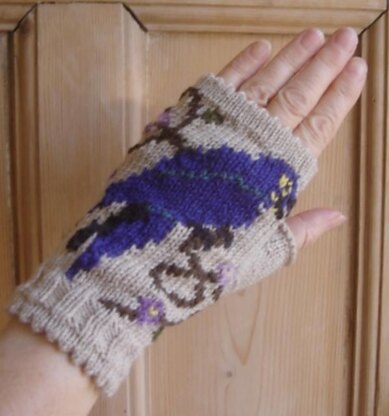Blue Macaw in the Flowers fingerless mitts
