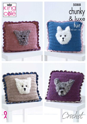 Crochet Cushions With Dog Motif Crochet in King Cole Big Value Chunky, Luxe Fur & Big Value Super Chunky - 5088pdf - Downloadable PDF