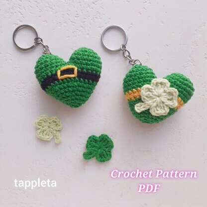 Heart lucky charms St Patricks day crochet pattern, St Patricks Day decor, amigurumi green hearLeprechaun good luck keychain mini clover