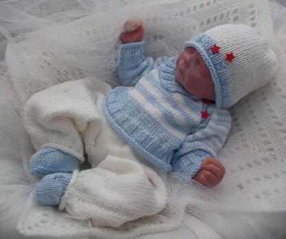 Pattern #46 - Striped Sweater, Long Trousers, Beanie Hat, Bootees for Baby Boy or Reborn Doll