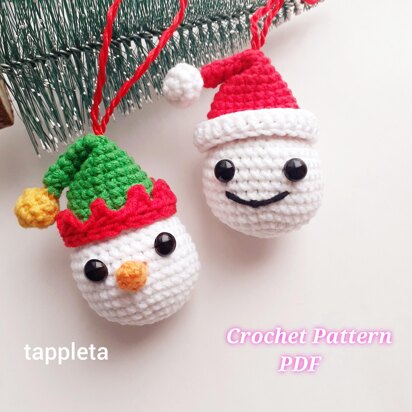 Snowman and Snowball bauble with hats crochet pattern, Santa Claus bauble ornament, Snowman Elf hat crochet pattern, Christmas tree ornament