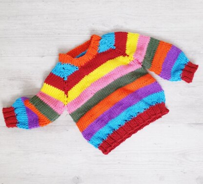 Baby Rainbow stripe top down jumper PDF knitting pattern, 0-2 years