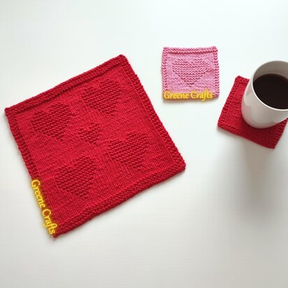 Heart Dishcloth and Heart Coaster - Knitting Pattern Set for Valentine's Day