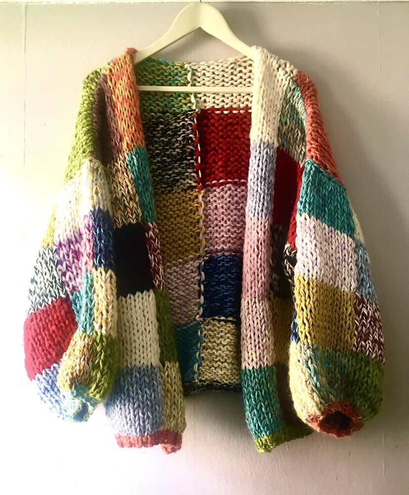 Stash buster patchwork cardigan Knitting pattern by Suzy Rai | LoveCrafts