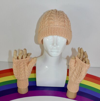 Adult Teen Aran Double cable Beanie Hat & Fingerless Gloves Circular