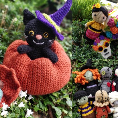 PATTERN Halloween Dia de los Muertos Bundle Set Crochet Amigurumi dolls pumpkin black cat frankenstein dracula mummy scarecrow voodoo witch