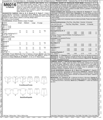 McCall's Infants' Shirts Shorts And Pants M6016 - Paper Pattern Size All Sizes In One Envelope