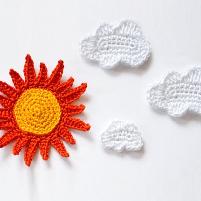 Crochet Sun. Clouds Applique. Sky Motif. Sew on Embellishment