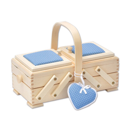 Sewandso Sewing Box with Blue Pin Cushion Lids and Heart, Beech Wood