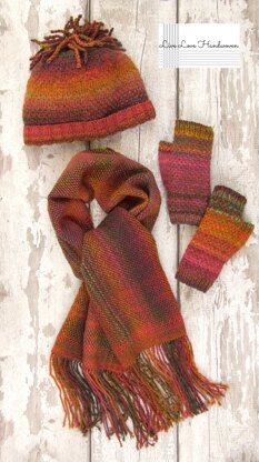 Jewelspun Slip One Over Hat, Mitts (knit) & Scarf (weaving)