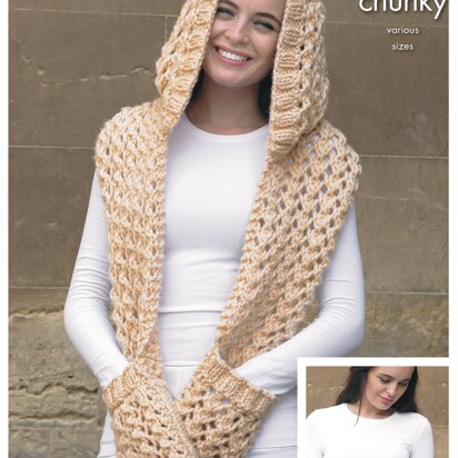 Hooded Scarf, Scarf, Snood, Slouchy Hat and Hand Warmer in King Cole Super Chunky - 4355 - Downloadable PDF