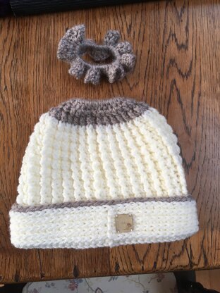 Cream and stone messy bun hat