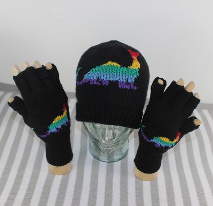 Rainbow Dinosaur Beanie and Short Finger Gloves