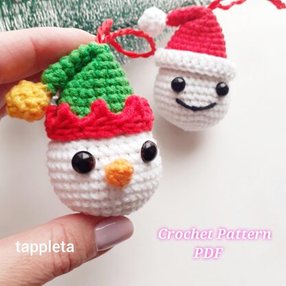 Snowman and Snowball bauble with hats crochet pattern, Santa Claus bauble ornament, Snowman Elf hat crochet pattern, Christmas tree ornament