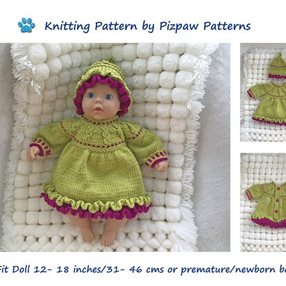 Double Frilled Dress and Hat (no. 102) for Doll, Premature or Newborn Baby