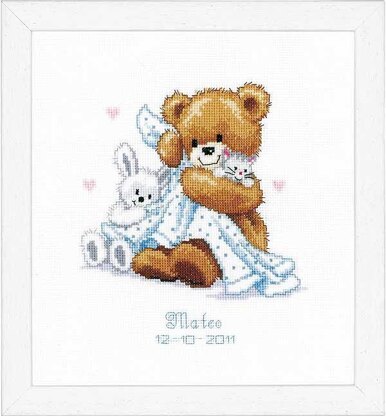 Vervaco Teddy and Blanket Birth Sampler Cross Stitch Kit - 20 x 22cm