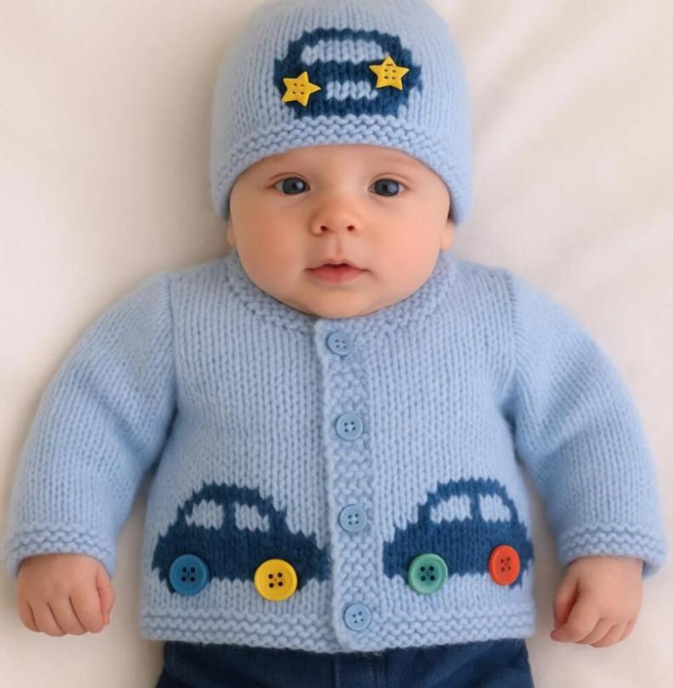 Baby Car Cardigan and Hat Knitting pattern by iKnitDesigns | LoveCrafts, image size:979x1000